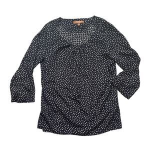 Ellen Tracy Women’s Blouse – Black White Polka Dot Beaded Neckline, Long Sleeve